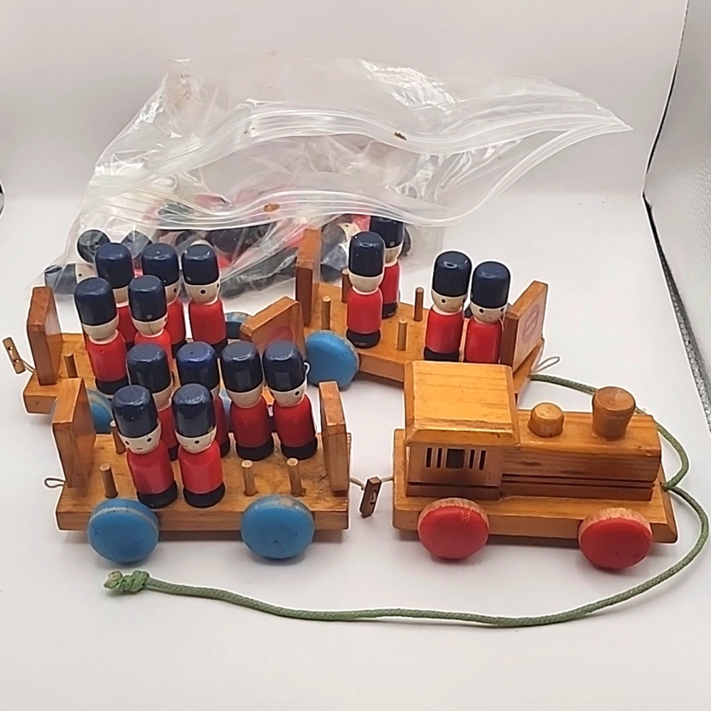 Vintage Pull along Wooden Toy Train & 30 Hand Painted Toy Soldiers